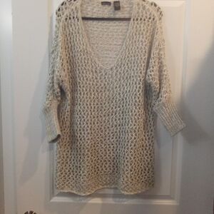Moda International Open-Knit V-Neck Sweater in Cream & Gold Accent Size XL
